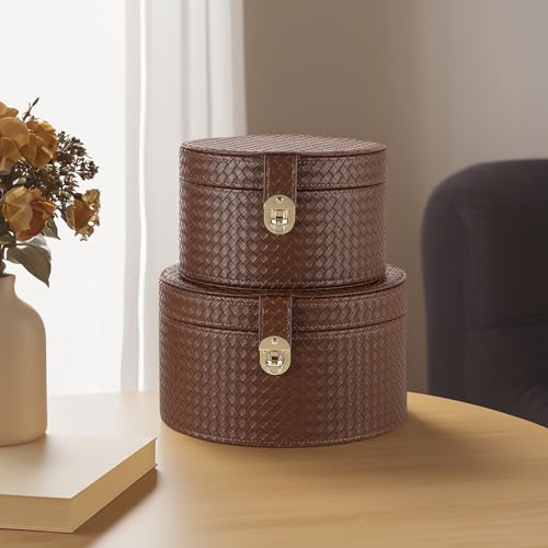 ELPMD Large Leather Decorative Boxes Set of 2 Round Hat Box Bin Basket with Lid for Shelf Coffee Table Storage Remotes Modern Home Decor (brown) - Image 3