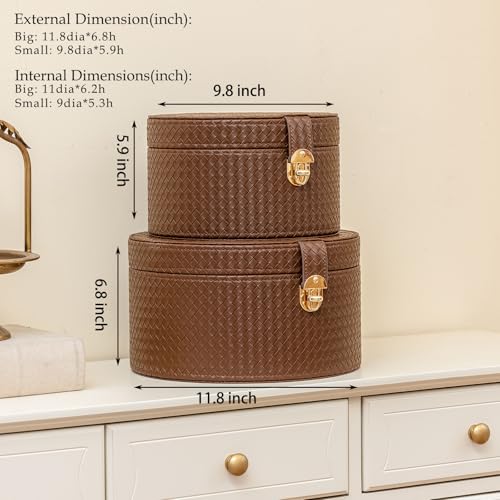 ELPMD Large Leather Decorative Boxes Set of 2 Round Hat Box Bin Basket with Lid for Shelf Coffee Table Storage Remotes Modern Home Decor (brown) - Image 2
