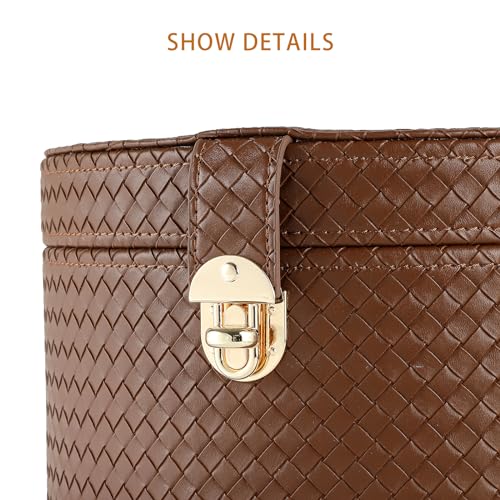 ELPMD Large Leather Decorative Boxes Set of 2 Round Hat Box Bin Basket with Lid for Shelf Coffee Table Storage Remotes Modern Home Decor (brown) - Image 4