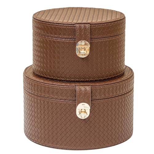 ELPMD Large Leather Decorative Boxes Set of 2 Round Hat Box Bin Basket with Lid for Shelf Coffee Table Storage Remotes Modern Home Decor (brown) - Image 1