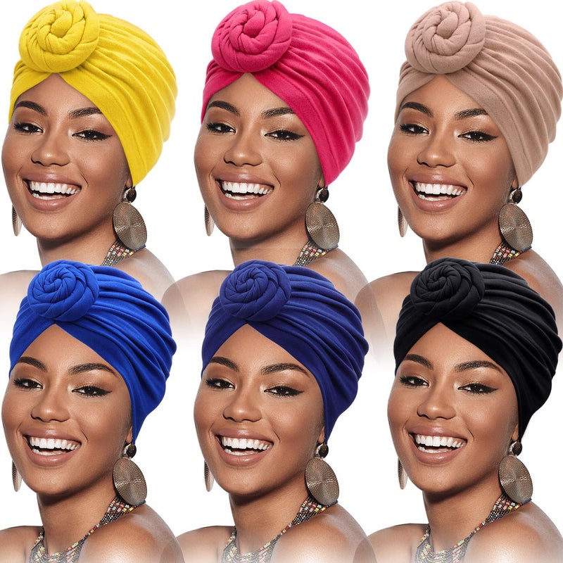 SATINIOR 6 Pieces Turbans Head Wraps for Women Soft Pre Tied Knot Fashion Cancer Turban Chemo Headwear Cap Headwrap Hat(Black, Royal-Blue, Rosy, Camel, Navy, Yellow) - Image 1