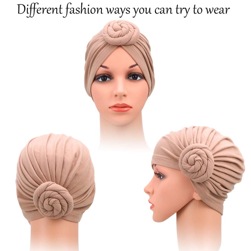 SATINIOR 6 Pieces Turbans Head Wraps for Women Soft Pre Tied Knot Fashion Cancer Turban Chemo Headwear Cap Headwrap Hat(Black, Royal-Blue, Rosy, Camel, Navy, Yellow) - Image 2