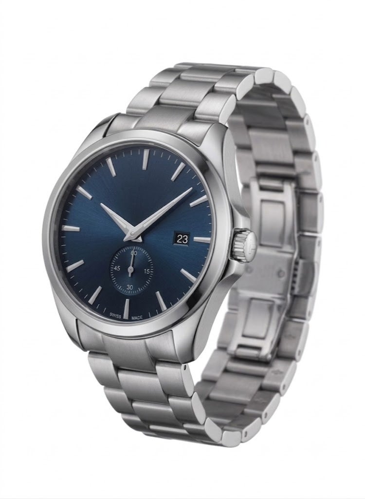 Men's Stainless Steel Analog Watch with Blue Sunray Dial, Date, and Small Seconds