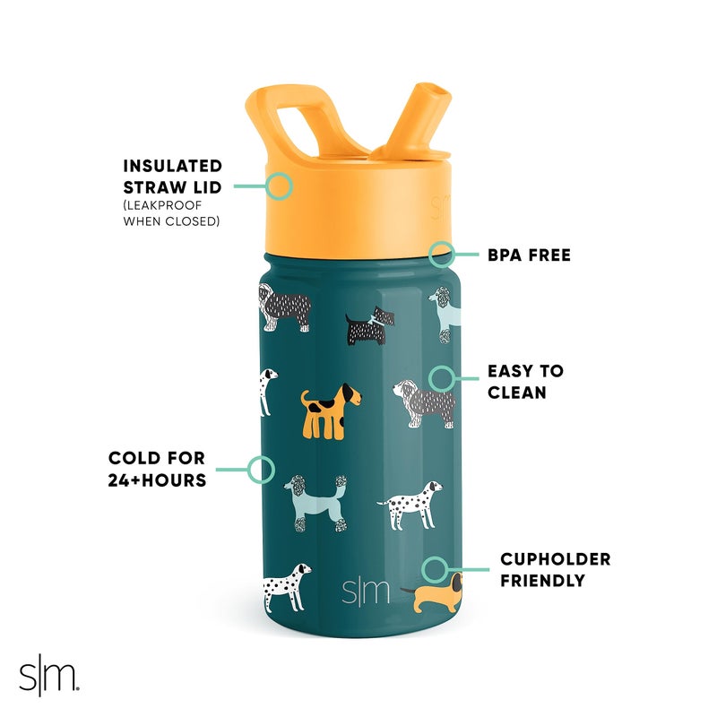 Simple Modern زجاجة ماء بسيطة وعصرية للأطفال مع غطاء قشة | كوب معزول من الفولاذ المقاوم للصدأ قابل لإعادة الاستخدام للأطفال، المدرسة | مجموعة قمة | 14 أونصة، أيام الكلاب - Image 2