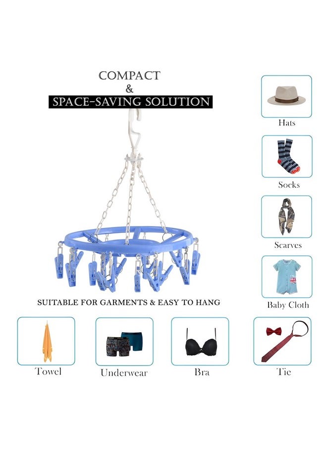 Kuber Industries - Kuber Industries (Pack of 2) Cloth Drying Hanger | 360° Cloth Drying Stand | Baby Cloth Drying Pegs | 16 Clips Clothes Hanger for Socks, Bras, Underwear & Towels | Round Cloth Drying Clips | Blue - Image 1