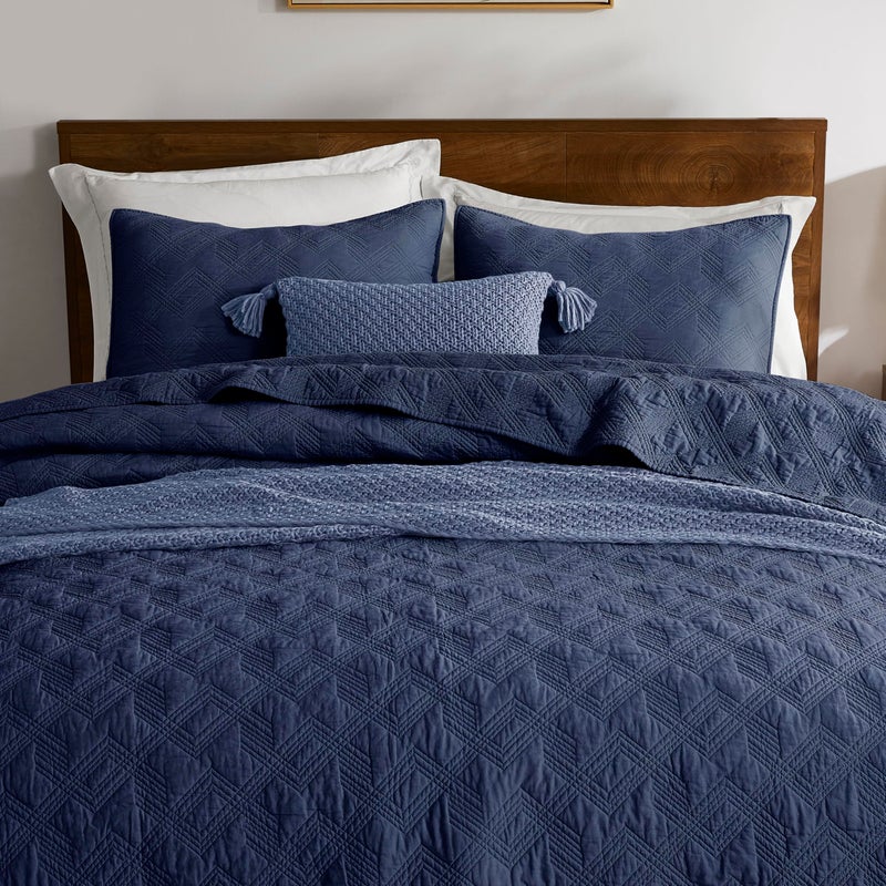 WDCOZY 100% Cotton Twin Size Quilt Set - Navy Blue Pre-Washed Soft Lightweight Modern Bedspread, Farmhouse Country Rustic Coverlet, Textured Like Linen, Shabby Chic Gauze Bedding, 2 Pieces - Image 1