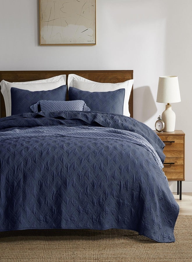 WDCOZY 100% Cotton Twin Size Quilt Set - Navy Blue Pre-Washed Soft Lightweight Modern Bedspread, Farmhouse Country Rustic Coverlet, Textured Like Linen, Shabby Chic Gauze Bedding, 2 Pieces - Image 2