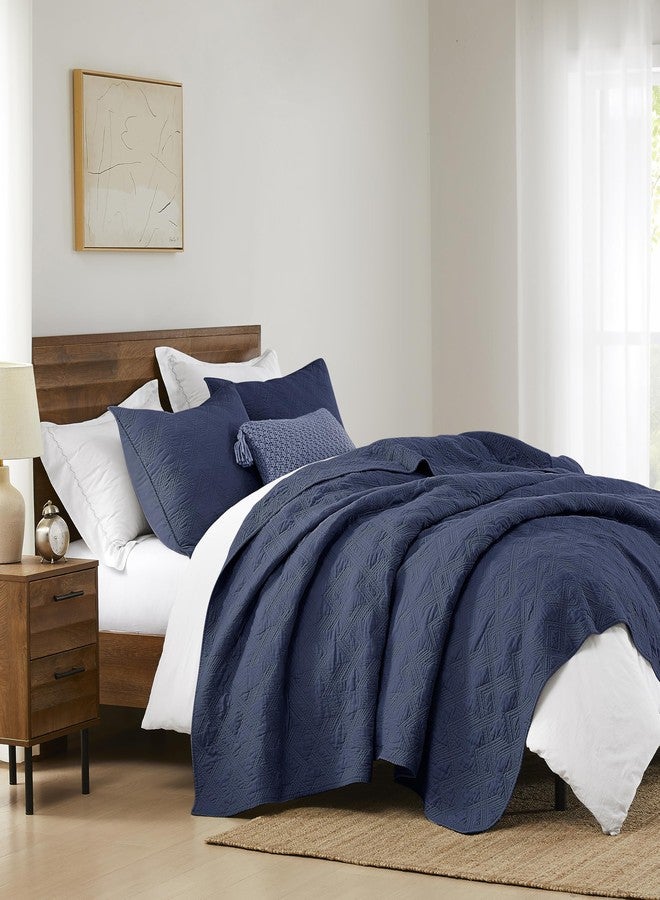 WDCOZY 100% Cotton Twin Size Quilt Set - Navy Blue Pre-Washed Soft Lightweight Modern Bedspread, Farmhouse Country Rustic Coverlet, Textured Like Linen, Shabby Chic Gauze Bedding, 2 Pieces - Image 4