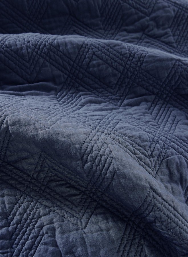 WDCOZY 100% Cotton Twin Size Quilt Set - Navy Blue Pre-Washed Soft Lightweight Modern Bedspread, Farmhouse Country Rustic Coverlet, Textured Like Linen, Shabby Chic Gauze Bedding, 2 Pieces - Image 5