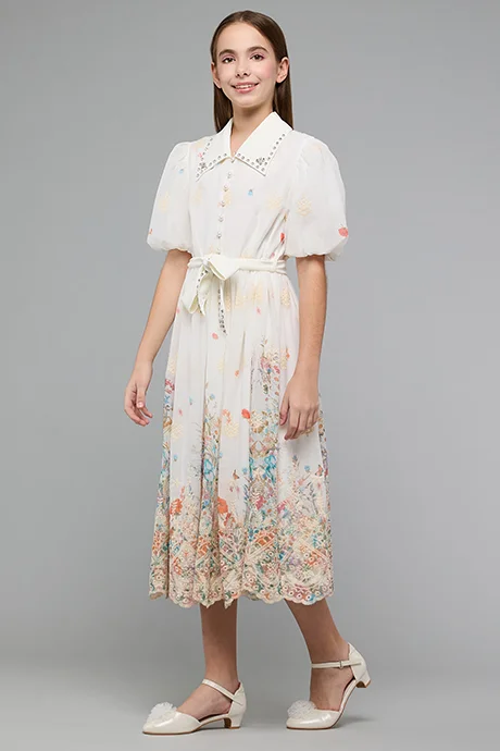 R&B Floral Print Shirt Dress with Balloon Sleeves
