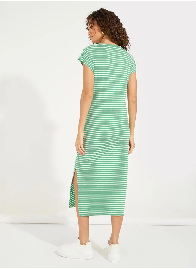 Styli Striped T-Shirt Midi Dress with Side Slit