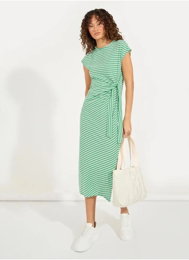 Styli Striped T-Shirt Midi Dress with Side Slit