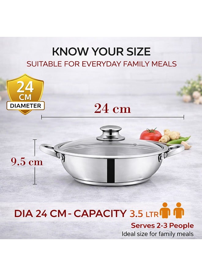 SONEX مقلاة سونيكس ميغا، 24 سم (3.5 لتر) من الفولاذ المقاوم للصدأ – غطاء زجاجي مع فتحة بخار، مقابض متينة، قاعدة ساندويتش للتسخين المتساوي، تصميم عصري أنيق للطهي الفعال والأنيق - Image 2