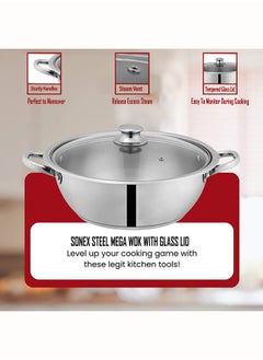 SONEX SONEX Mega Wok/Kadai, 24 cm (3.5 Ltr) Stainless Steel – Glass Lid with Steam Vent, Durable Handles, Sandwich Bottom for Even Heating, Sleek Modern Design for Efficient and Stylish Cooking  - Image 3