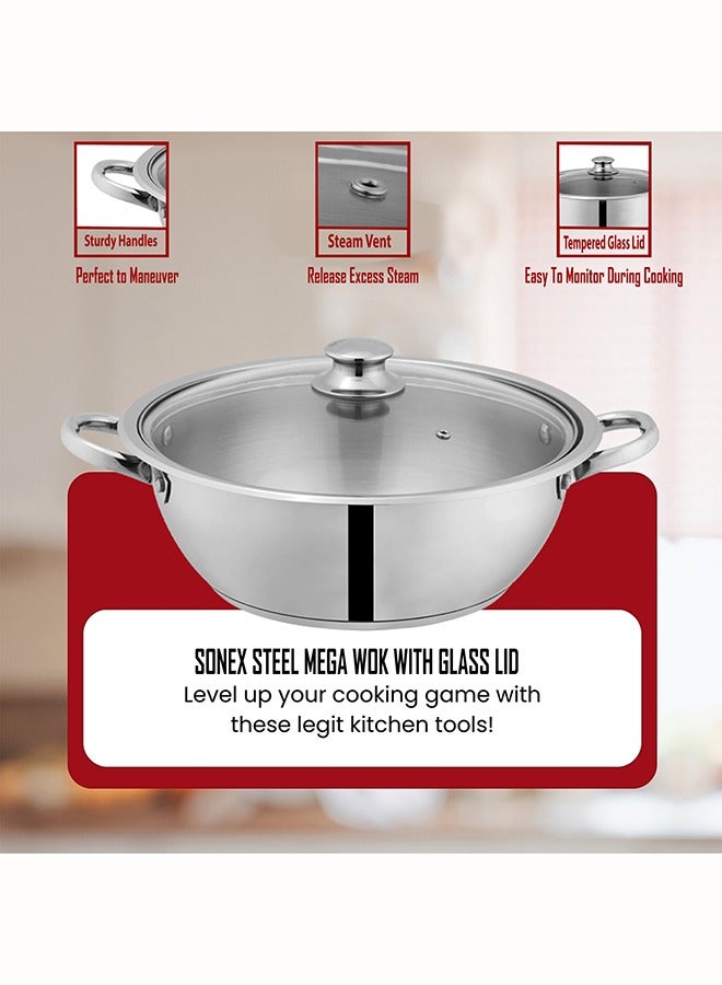 SONEX SONEX Mega Wok/Kadai, 24 cm (3.5 Ltr) Stainless Steel – Glass Lid with Steam Vent, Durable Handles, Sandwich Bottom for Even Heating, Sleek Modern Design for Efficient and Stylish Cooking  - Image 3
