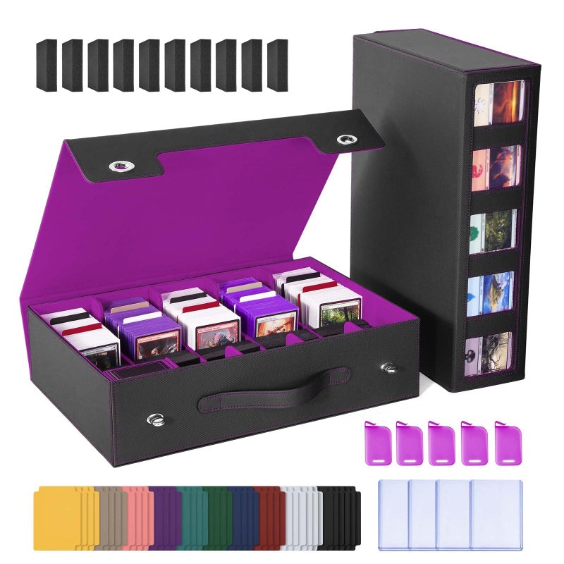 UAONO Trading Card Storage Box with Commander Display, 5 Row Magic Card Box with Handle & Aluminum Alloy Locking for 3900+ Unsleeved Cards Suits for MTG PTCG TCG Sports Cards (Black Purple) - Image 1