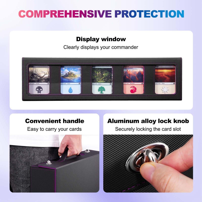 UAONO Trading Card Storage Box with Commander Display, 5 Row Magic Card Box with Handle & Aluminum Alloy Locking for 3900+ Unsleeved Cards Suits for MTG PTCG TCG Sports Cards (Black Purple) - Image 4