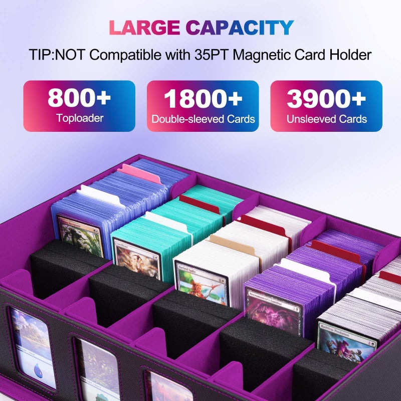 UAONO Trading Card Storage Box with Commander Display, 5 Row Magic Card Box with Handle & Aluminum Alloy Locking for 3900+ Unsleeved Cards Suits for MTG PTCG TCG Sports Cards (Black Purple) - Image 2