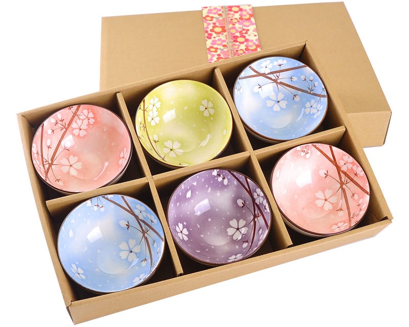 WHJY Cherry Bloom Chinese Japanese Ceramic Rice Bowl 10 oz Sakura Bowl Gift Set Serving Bowls Dinnerware Bowls for Rice Cereal Noodle Soup Desserts Set of 6