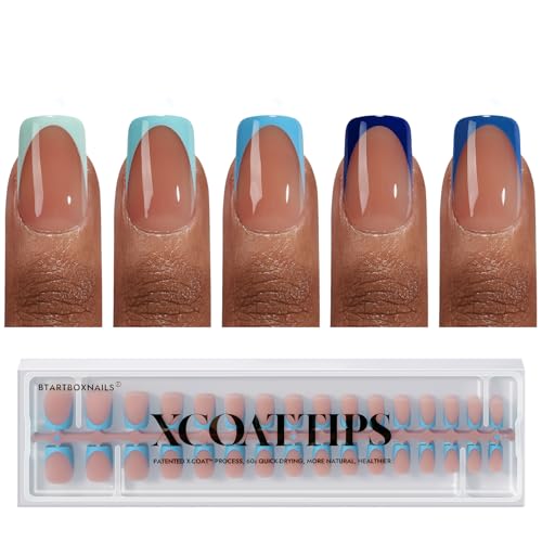 BTArtboxnails XCOATTIPS French Tip Press On Nails - Blue Press On Nails Short, Square Fake Nail Tips, 160Pcs Soak Off Soft Gel Acrylic Brown Nail Extension in 16 Sizes - Image 1