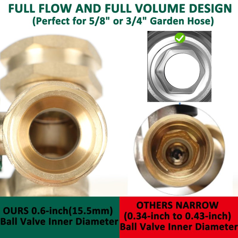 STYDDI Garden Hose Splitter Full Flow, Brass Heavy Duty Hose Splitter 2-Way High Flow, All Metal Hose Y Splitter with Shutoff, Outdoor Faucet Splitter Hose Connector, Water Hose Y Valve Tap Adapter - Image 3