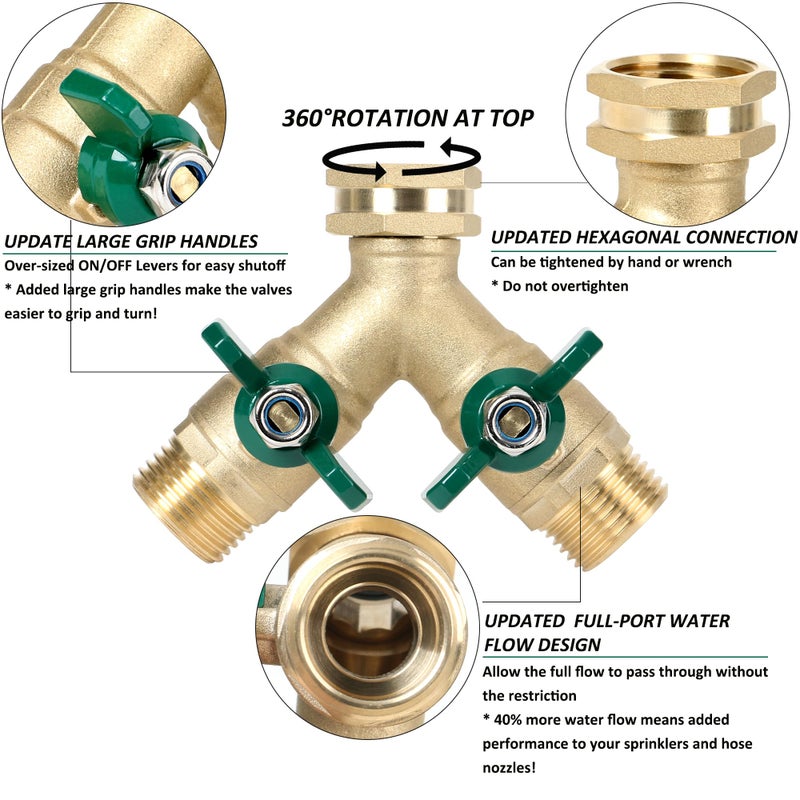 STYDDI Garden Hose Splitter Full Flow, Brass Heavy Duty Hose Splitter 2-Way High Flow, All Metal Hose Y Splitter with Shutoff, Outdoor Faucet Splitter Hose Connector, Water Hose Y Valve Tap Adapter - Image 5