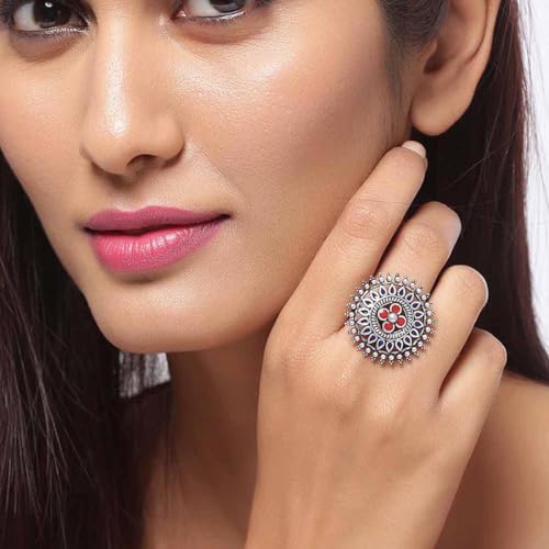 VOYLLA Mandala Floral Finger Ring, Oxidised Ring For Women, Adjustable Ring, Gift For Women - Image 3