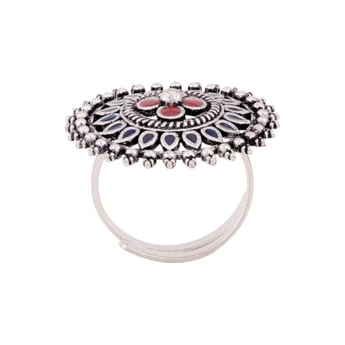 VOYLLA Mandala Floral Finger Ring, Oxidised Ring For Women, Adjustable Ring, Gift For Women - Image 4