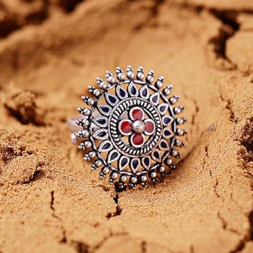 VOYLLA Mandala Floral Finger Ring, Oxidised Ring For Women, Adjustable Ring, Gift For Women - Image 2