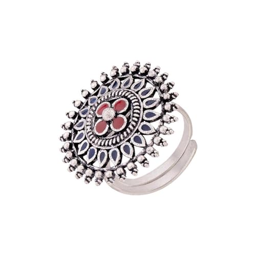 VOYLLA Mandala Floral Finger Ring, Oxidised Ring For Women, Adjustable Ring, Gift For Women - Image 1