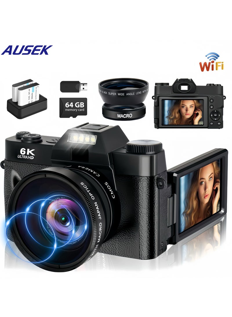 AUSEK 6K Digital Camera for Photography, 64MP Vlogging Camera with 3" 180° Flip Screen, 16X Zoom Autofocus Compact Travel Beauty Cameras for Teens, with Wide Angle & Macro Lens, 2 Batteries, 64G SD Card  - Image 1