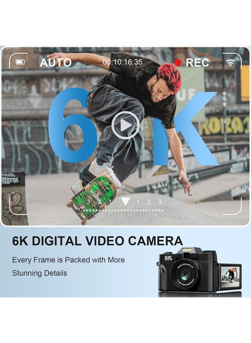 AUSEK 6K Digital Camera for Photography, 64MP Vlogging Camera with 3" 180° Flip Screen, 16X Zoom Autofocus Compact Travel Beauty Cameras for Teens, with Wide Angle & Macro Lens, 2 Batteries, 64G SD Card  - Image 4