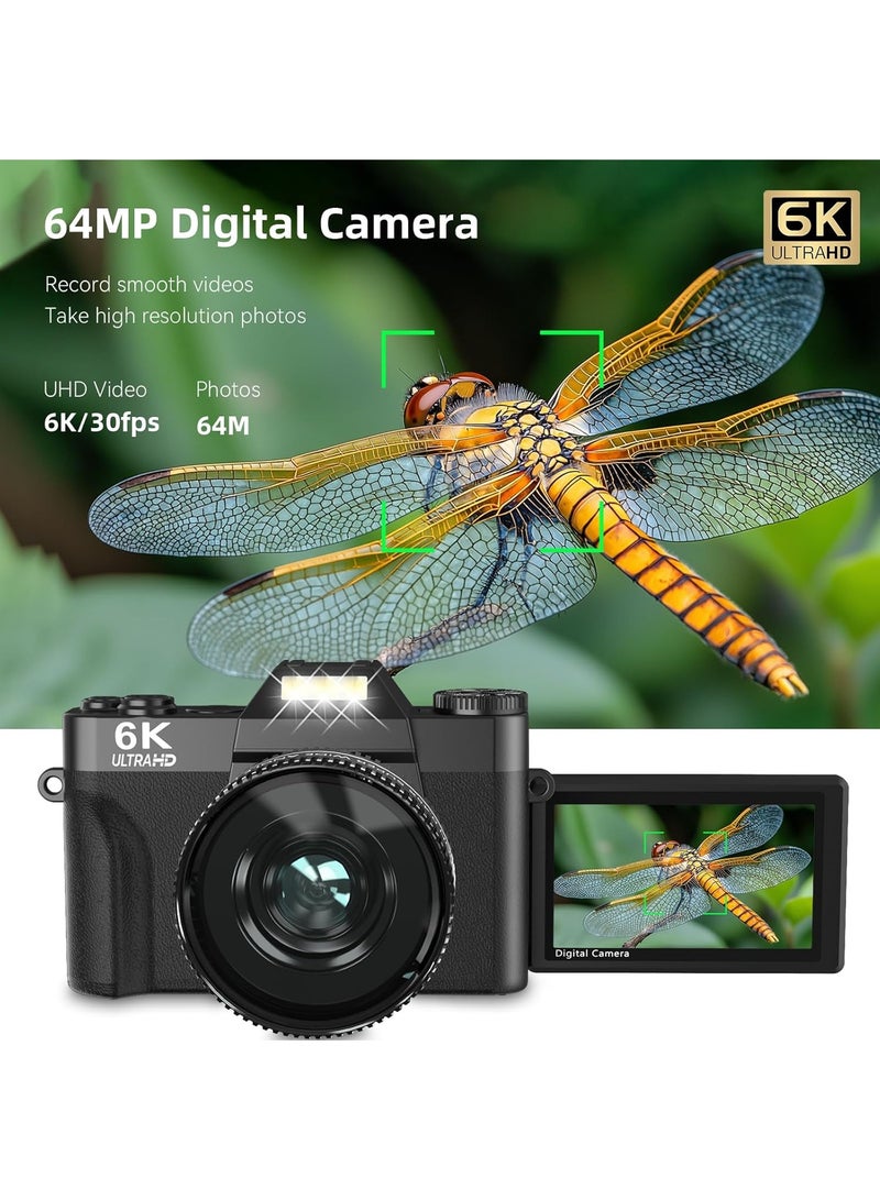 AUSEK 6K Digital Camera for Photography, 64MP Vlogging Camera with 3" 180° Flip Screen, 16X Zoom Autofocus Compact Travel Beauty Cameras for Teens, with Wide Angle & Macro Lens, 2 Batteries, 64G SD Card  - Image 5