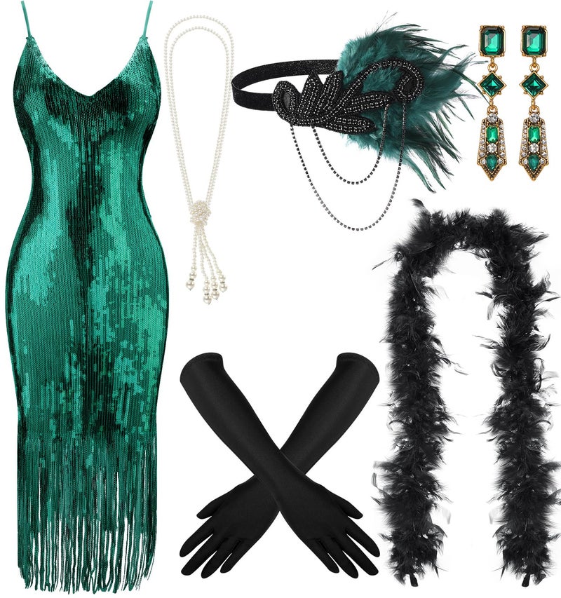 Tisancy 7 Pcs 1920s Women's Flapper Dress Sequin Dress Costume Headwear Earring Necklace Glove Stick Set and Long Feather Boa (Malachite Green,Small) - Image 1