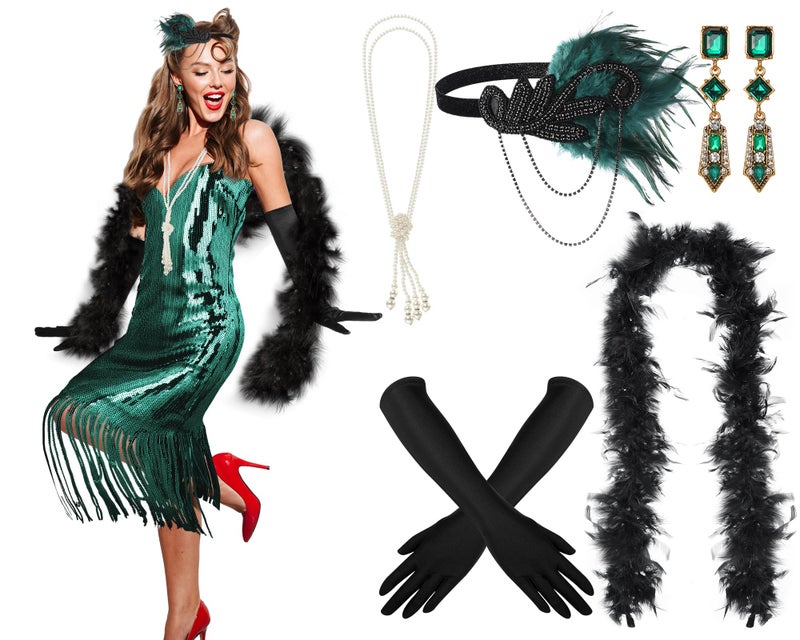 Tisancy 7 Pcs 1920s Women's Flapper Dress Sequin Dress Costume Headwear Earring Necklace Glove Stick Set and Long Feather Boa (Malachite Green,Small) - Image 2