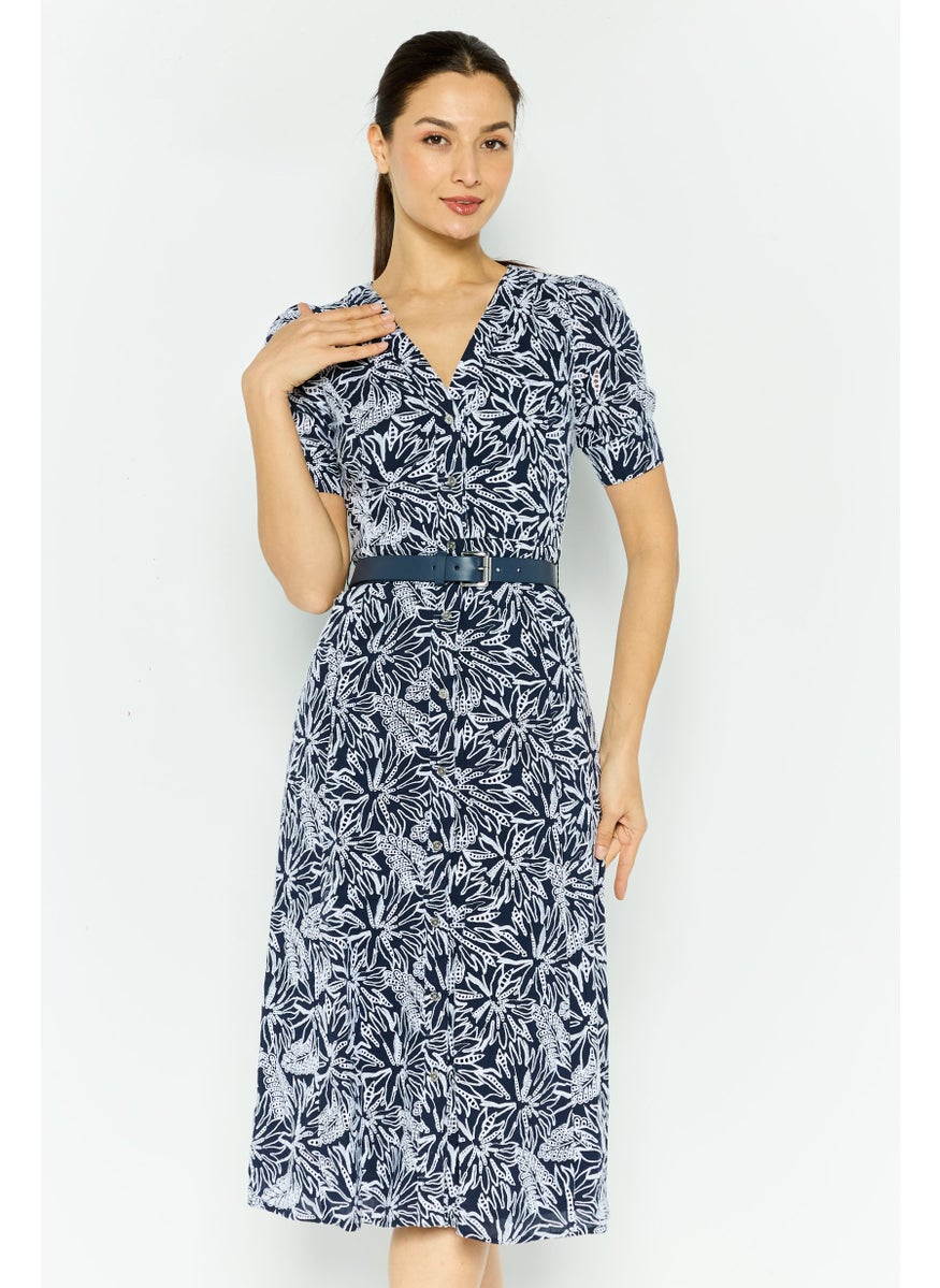 Michael Kors Women Embroidered Belted Midi Dress, Navy  - Image 1