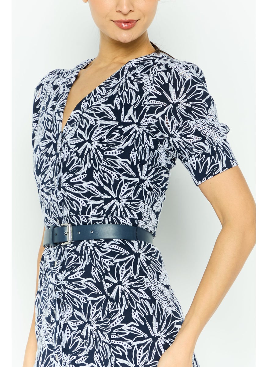 Michael Kors Women Embroidered Belted Midi Dress, Navy  - Image 3