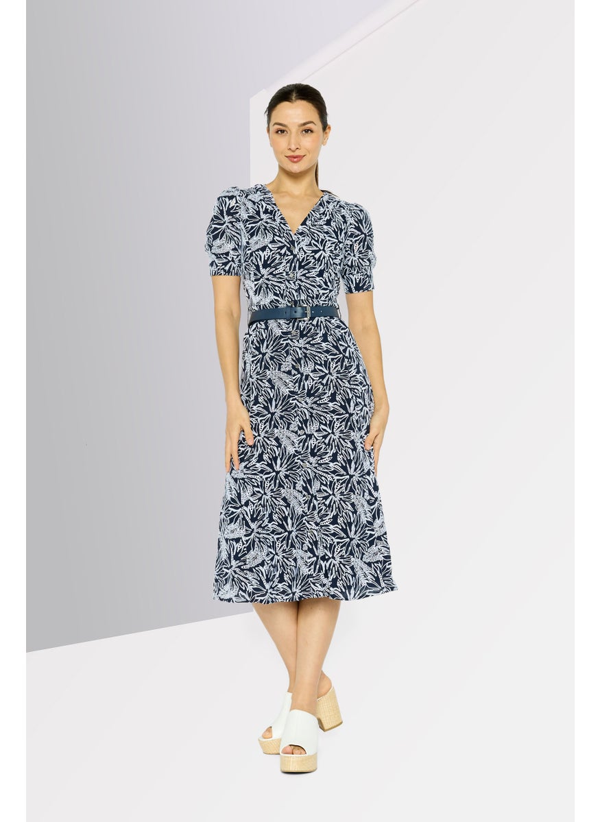 Michael Kors Women Embroidered Belted Midi Dress, Navy  - Image 4