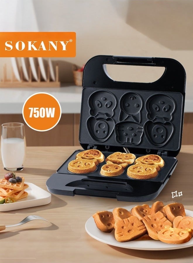 سوكاني صانع الوافل الكهربائي ، صانع كعكة الكرتون ، ألواح غير لاصقة 750 واط ، تسخين على الوجهين يجعل 6 فطائر وافل على شكل كرتون للأطفال ، SK-08005 - Image 1