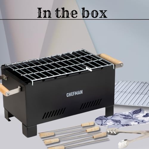 ChefMan - 14 IN Medium Charcoal Grill Barbeque | Includes 8 Skewers, Grill, Tong | Ideal for Outdoor Picnics, Parties & Grilling | Paneer Tikka, Burger, Chicken, Corn & Grilled Fruits, Black, Metal. - Image 5