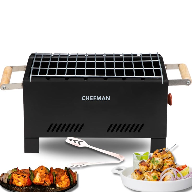 ChefMan - 14 IN Medium Charcoal Grill Barbeque | Includes 8 Skewers, Grill, Tong | Ideal for Outdoor Picnics, Parties & Grilling | Paneer Tikka, Burger, Chicken, Corn & Grilled Fruits, Black, Metal. - Image 2