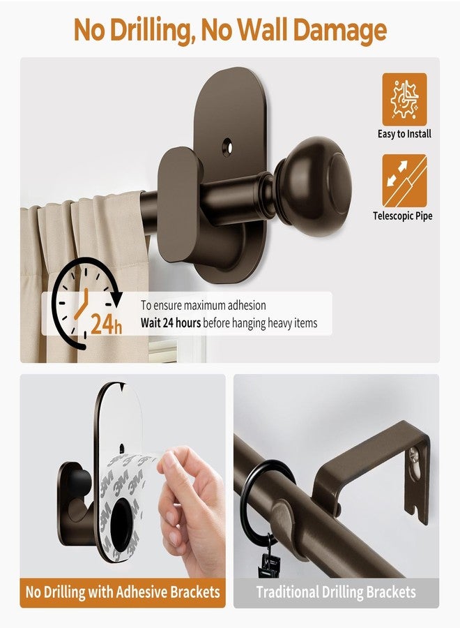 USFOOK Curtain Rods No Drilling 32 to 58 in, USFOOK 5/8 Inch No Drill Curtain Rods for Windows with 3M Adhesive Brackets, Renter Friendly Drapery Pole with Bronze Round Finials - Image 4