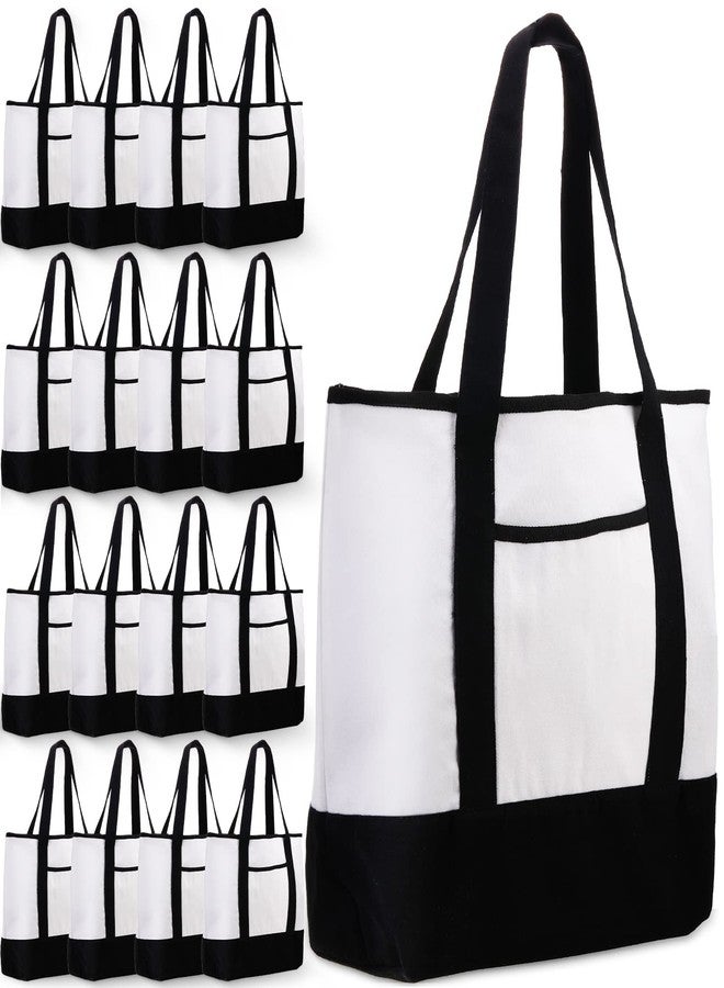Reginary 16 Pcs Canvas Tote Bags Bulk with Outer Pocket 18 Inch Reusable Shopping Grocery Blank Tote Bag for Women Mother DIY(Black White) - Image 1