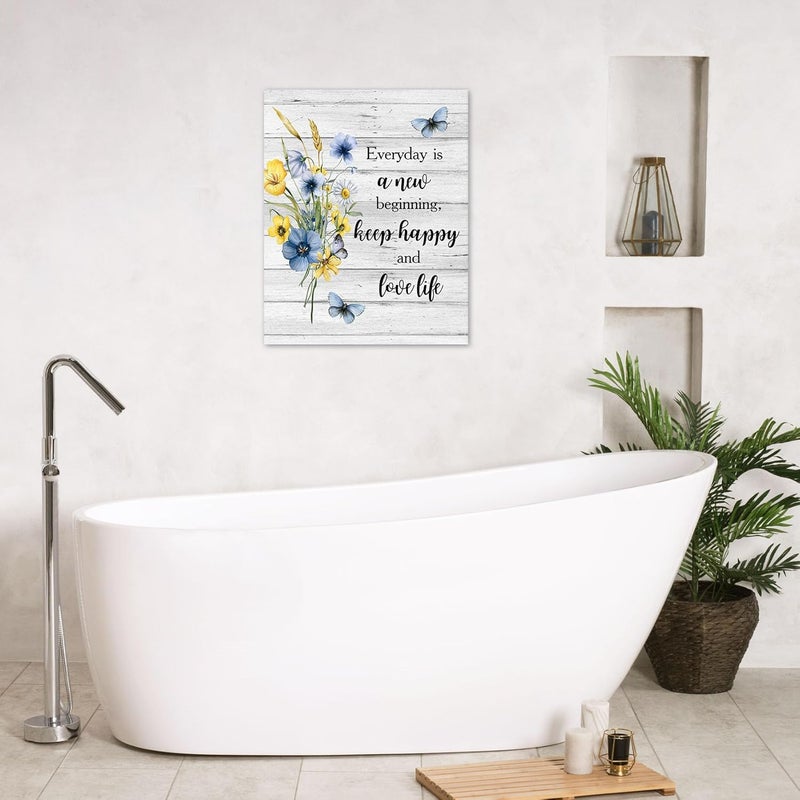 LB Floral Wall Art for Bathroom Butterfly with Yellow and Blue Wildflower on Rustic Grey Wood Abstract Canvas Wall Art Farmhouse Wall Pictures for Living Room Bedroom Office Ready To Hang,16x20 Inch - Image 5