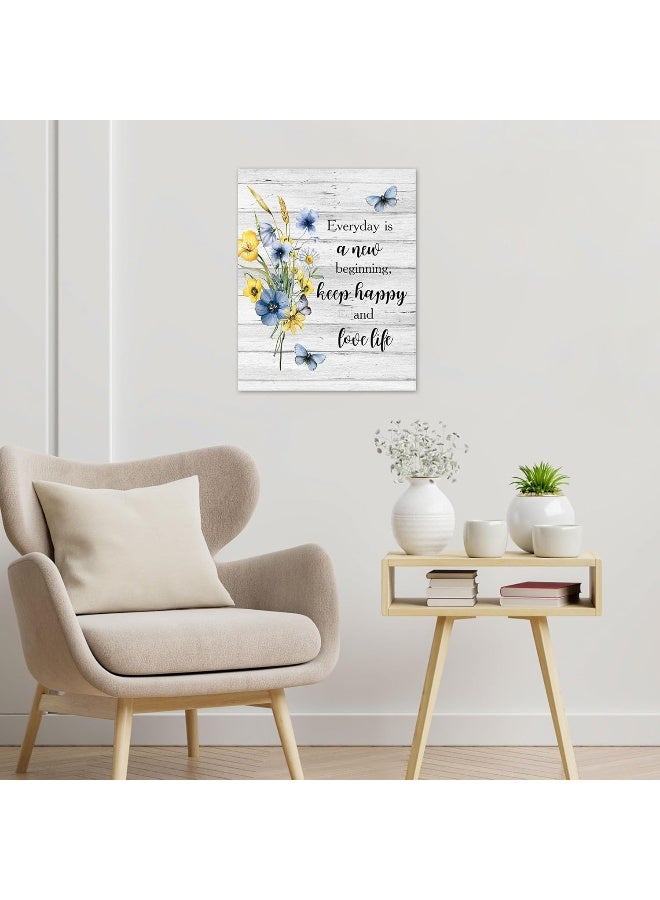 LB Floral Wall Art for Bathroom Butterfly with Yellow and Blue Wildflower on Rustic Grey Wood Abstract Canvas Wall Art Farmhouse Wall Pictures for Living Room Bedroom Office Ready To Hang,16x20 Inch - Image 2