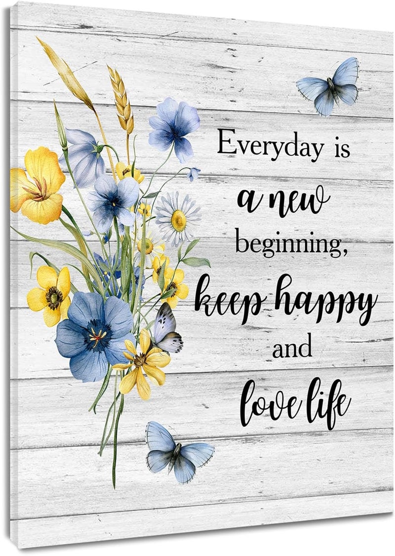 LB Floral Wall Art for Bathroom Butterfly with Yellow and Blue Wildflower on Rustic Grey Wood Abstract Canvas Wall Art Farmhouse Wall Pictures for Living Room Bedroom Office Ready To Hang,16x20 Inch - Image 1