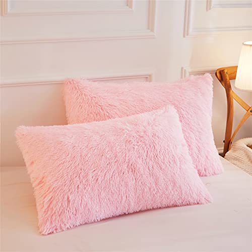 HAIHUA Faux Fur Fluffy Pillow case, Soft Decorative Fuzzy Pillow Covers for Home, Bedroom, Living Room, Zipper Closure, Set of 2 (Standard 20"x 26", Pink) - Image 3