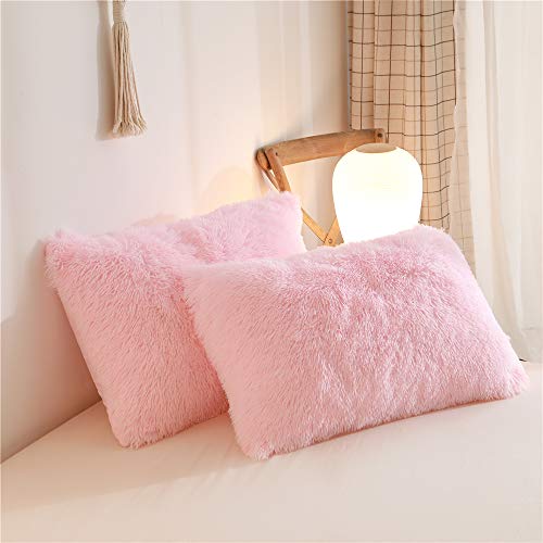 HAIHUA Faux Fur Fluffy Pillow case, Soft Decorative Fuzzy Pillow Covers for Home, Bedroom, Living Room, Zipper Closure, Set of 2 (Standard 20"x 26", Pink) - Image 1