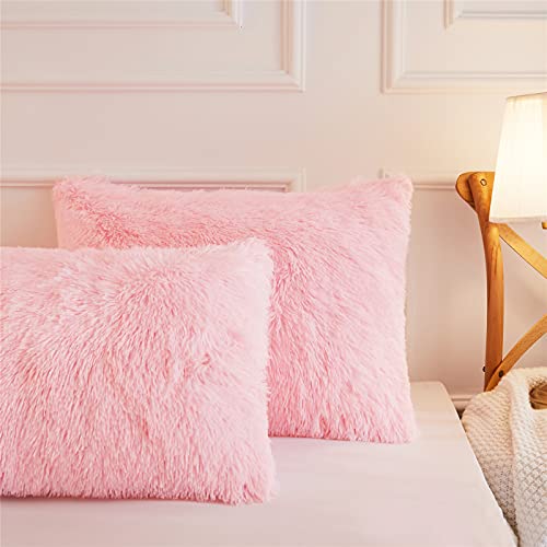HAIHUA Faux Fur Fluffy Pillow case, Soft Decorative Fuzzy Pillow Covers for Home, Bedroom, Living Room, Zipper Closure, Set of 2 (Standard 20"x 26", Pink) - Image 4