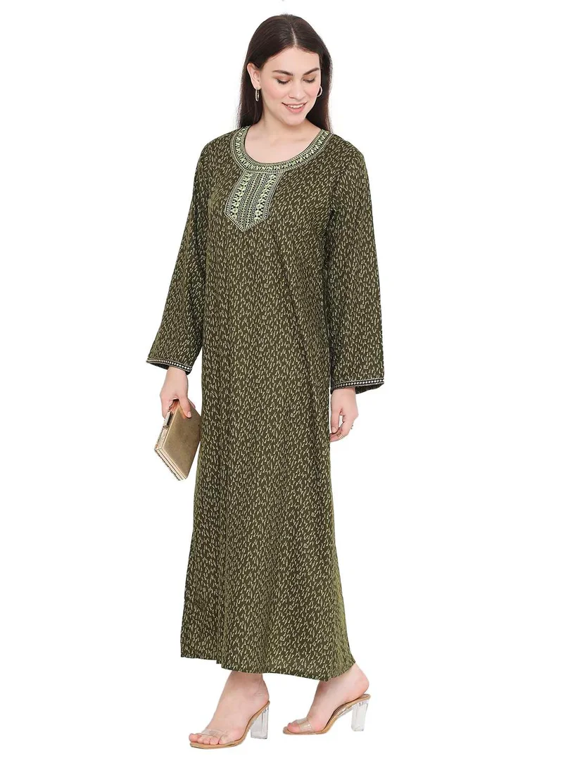 HANA & SARA LONG VISCOSE KAFTAN WITH SMALL PRINT AND THREAD EMBROIDERY CASUAL ARABIC FARASHA JALABIYA DRESS